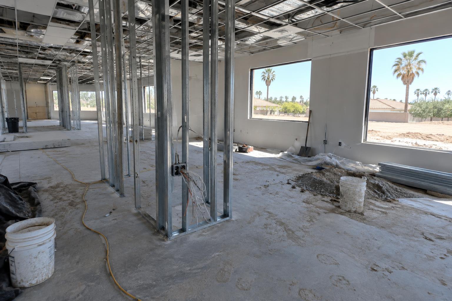 Open commercial suite with exposed metal studs, a bare concrete floor and electrical rough-in wires hanging from a partially built partition wall.