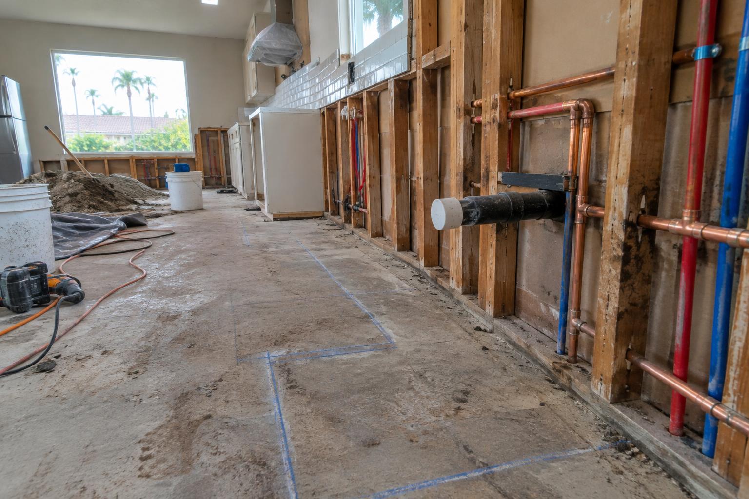An opened kitchen wall in a Clovis home showing new copper and PEX supply lines and a drain stub between old studs, with a cabinet layout chalked on the subfloor.