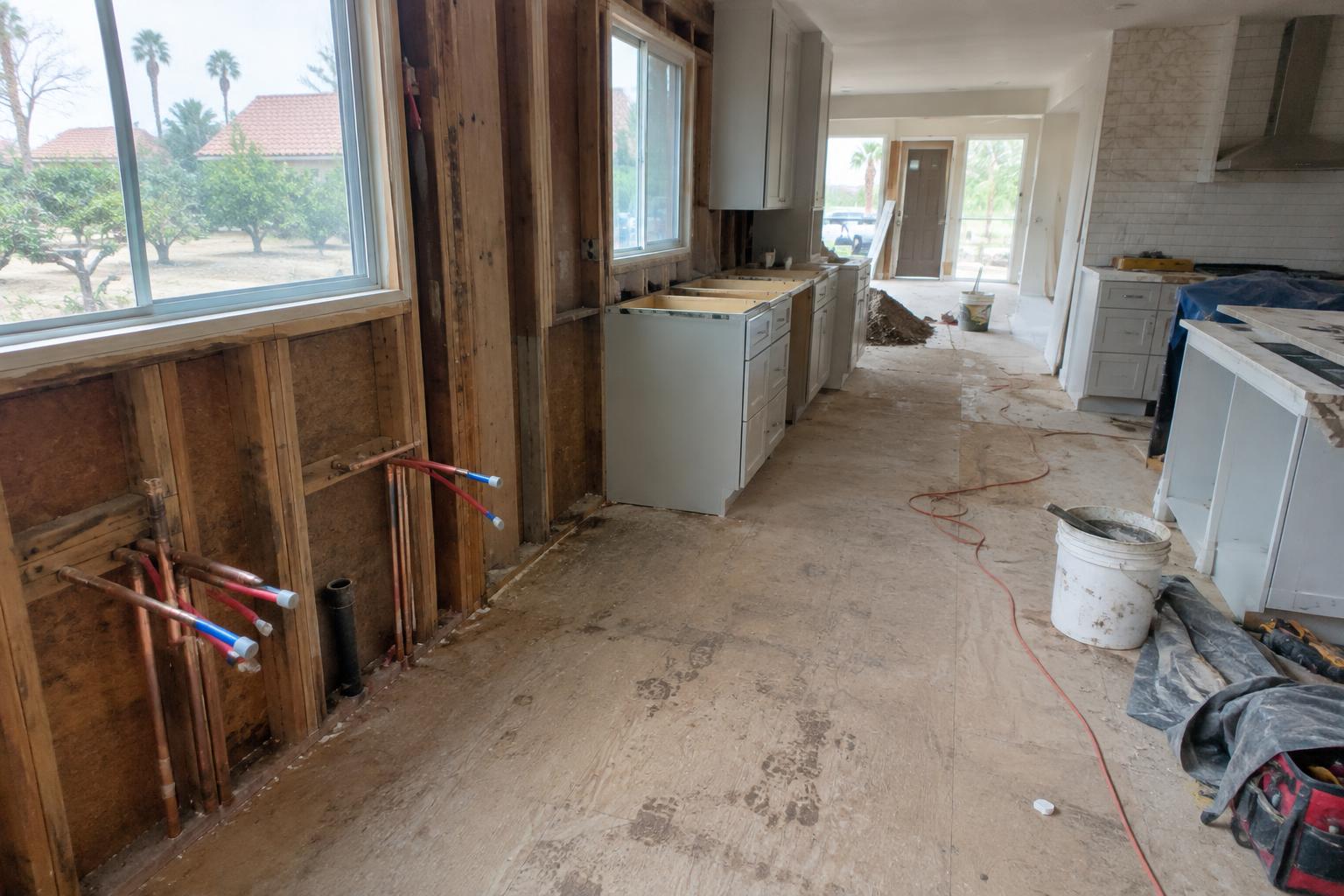 A gutted Rolling Hills kitchen with new copper and PEX plumbing lines stubbed through open stud walls above a plywood subfloor.
